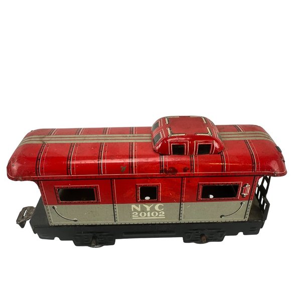 Lot of Two Vintage Marx Tin Railroad Train Passenger Car & Caboose Toy - Picture 2 of 9